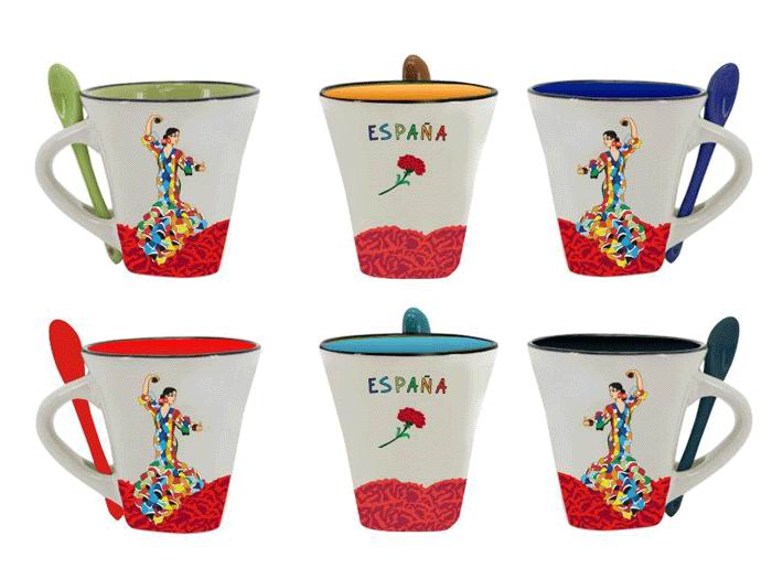 6 Coffee Mugs with a Teaspoon. Flamenco Dancer Model By Olé Mosaic
